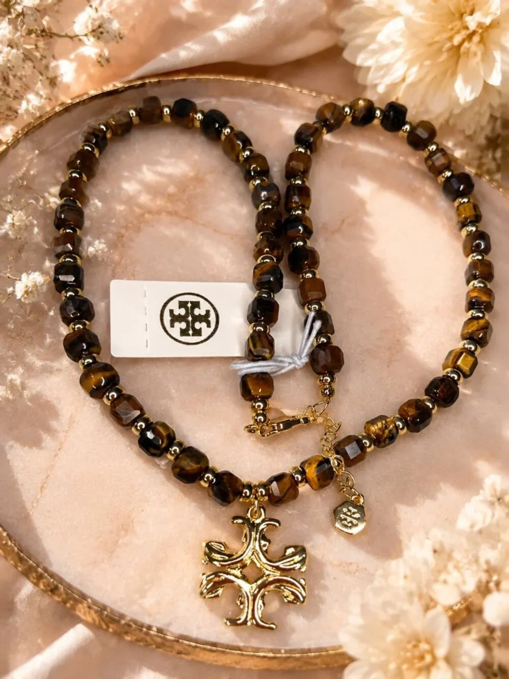 NWT Tory Burch Tigers Eye Brown Beaded Necklace with Gold Logo Pendant